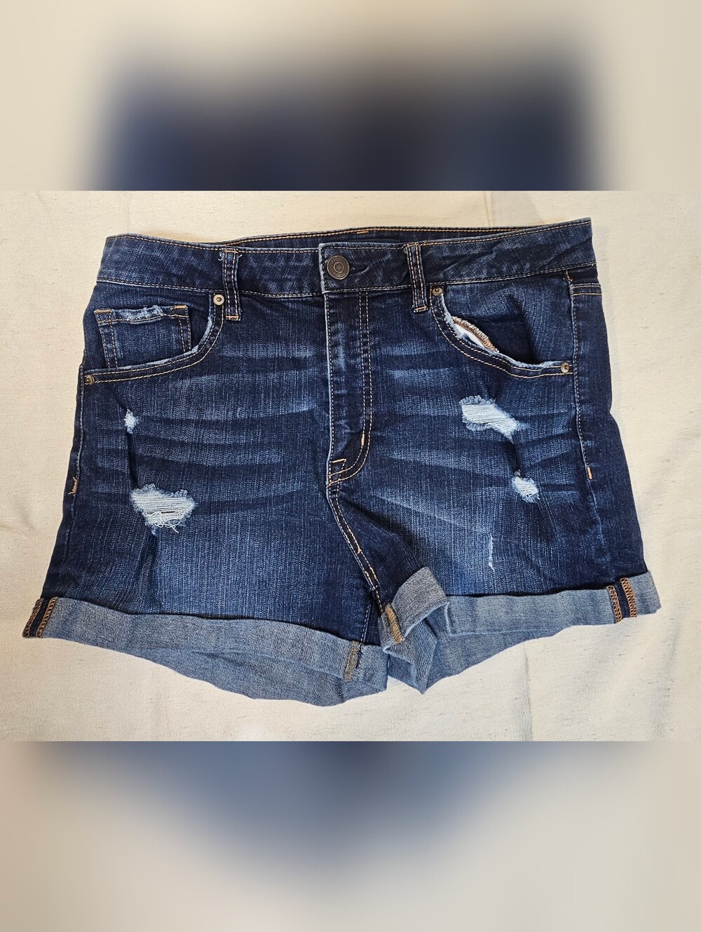 Aeropostale Women's Dark Blue Denim Jean Shorts with Tan Leather Patch